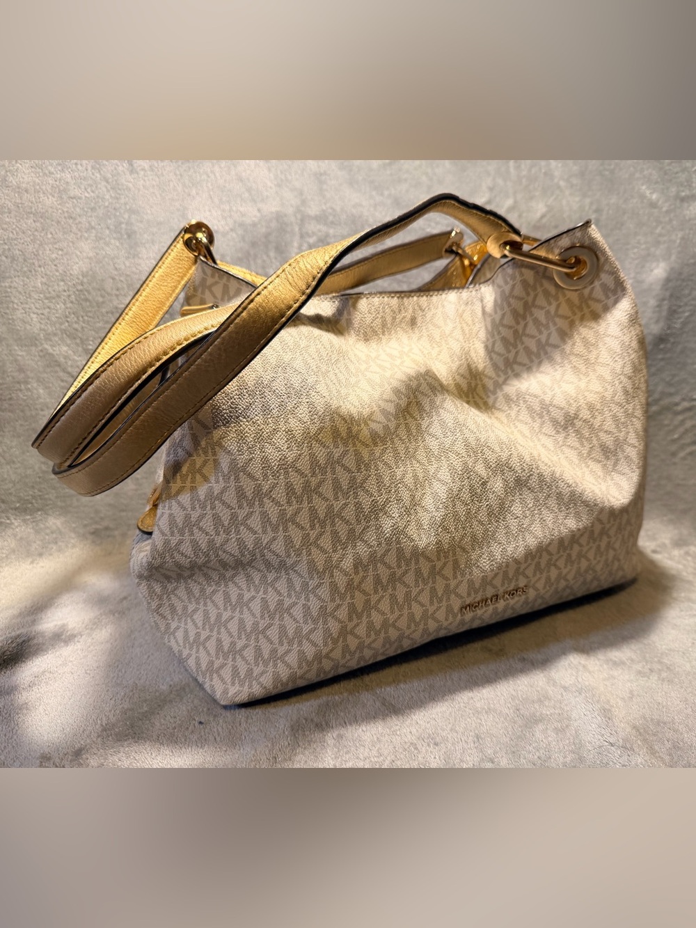 Michael Kors Raven Monogram Shoulder Bag w/ Gold Hardware and Leather Trim